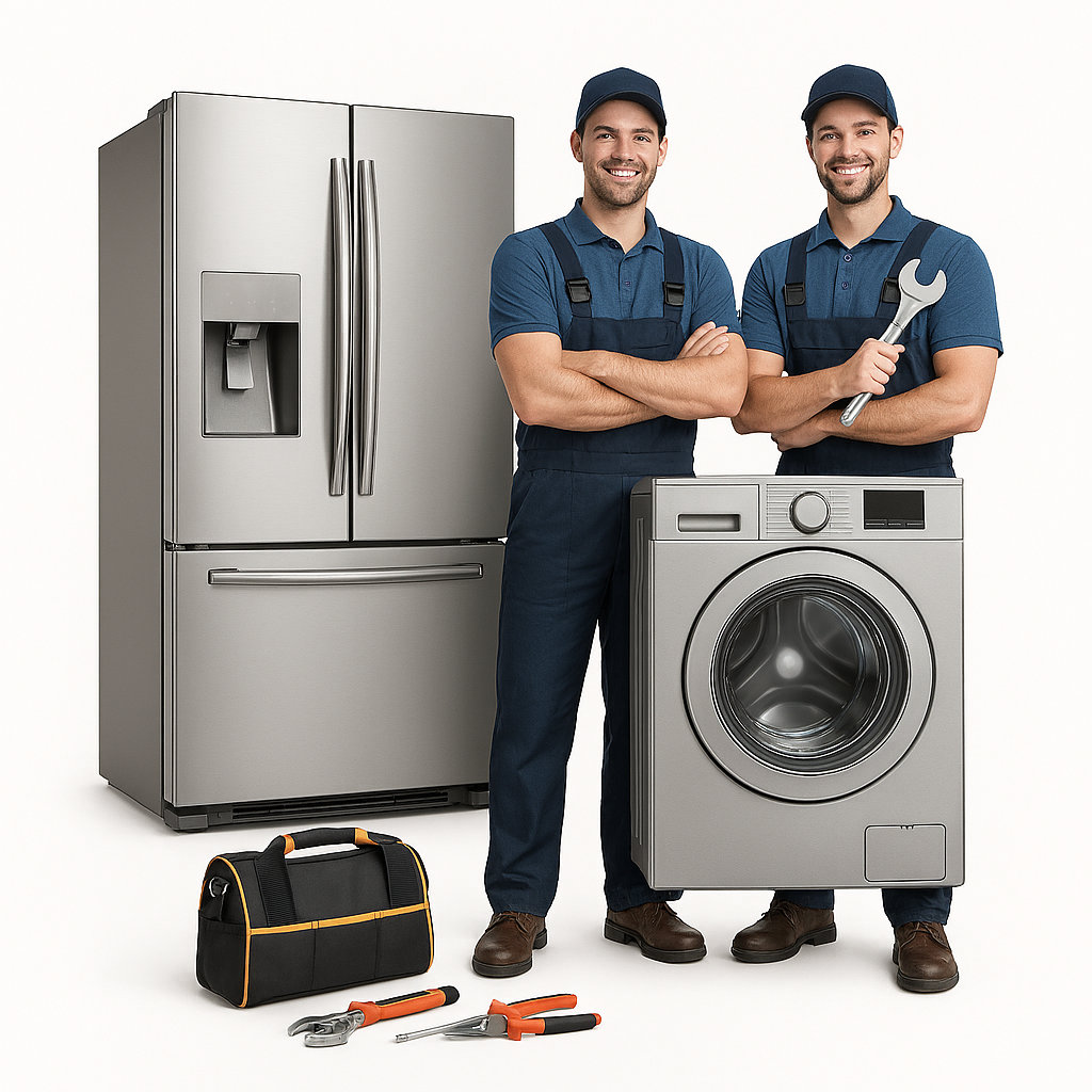 Modern stainless steel refrigerator and washer